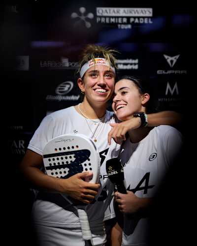 In Madrid, Spain, on September 7, 2025, Beatriz González and Claudia Fernández  embrace to celebrate their triumph at the Premier Padel P1 event.