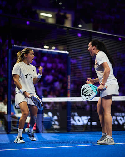 Ariana Sanchez Fallada and Andrea Ustero Prieto celebrate during the Premier Padel P1 Milano final in Milano, Italy, on 18 October 2026.