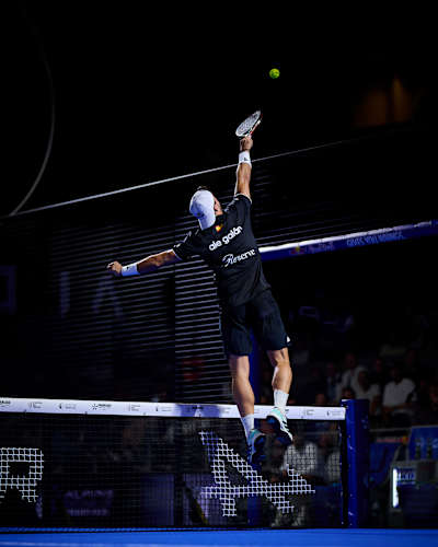 Alejandro Galán leaps to smash during the quarter-finals of the 2026 Premier Padel Major Paris in France