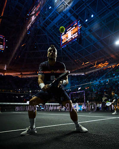 Alejandro Galan reflected in glass during the finals of the Premier Padel P1 Buenos Aires, Argentina in May 2026.