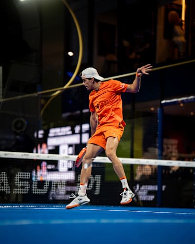 Juan Lebron  hits a volley during the semi-finals of the Premier Padel Riyadh Season P1 in Saudi Arabia in February 2026.
