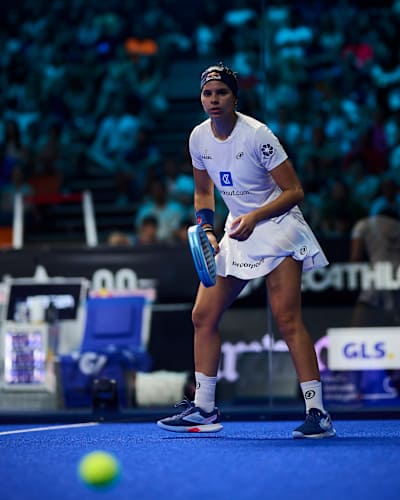 Delfina Brea is captured in action at the Premier Padel P1 semi-finals in Valencia, Spain, on June 13, 2026.