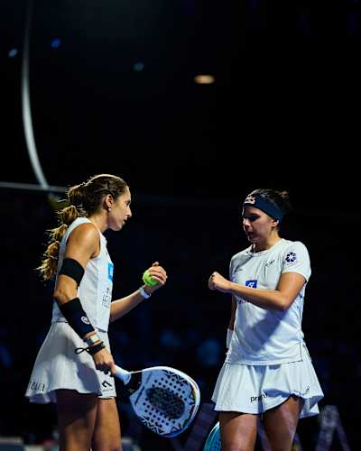 Gemma Triay and Delfina Brea fist bump during the finals of the Premier Padel P1 Pretoria in South Africa in August 2026.