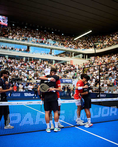 Alejandro Galán and Arturo Coello embrace during the finals of the Premier Padel Major Paris, France on September 13, 2026.