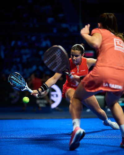 Martina Calvo competes in the Premier Padel P1 Pretoria final in Pretoria, South Africa, on 2 August 2026, striking the ball during a thrilling rally