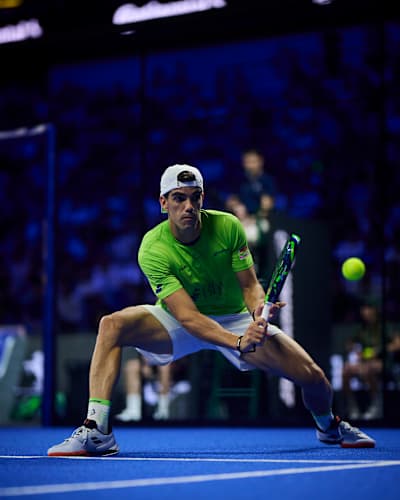 Juan Lebrón Chincoa returns the ball during the Premier Padel P1 Málaga quarter-finals in Málaga, Spain, in July 2026