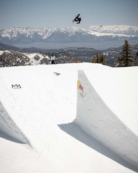 Anna Gasser airs the jump at Red Bull Snow Team Sessions at Mammoth Mt. in Mammoth Lakes, CA May 12, 2023., 2023. 