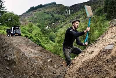 Dan Atherton during Red Bull Hardline construction, Dyfi Valley, Wales