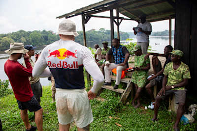 Adrian Mattern meets Ivindo National Park rangers ahead of his kayak expedition in Gabon.