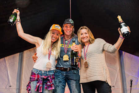 Steph Bridge, Camilla Ringvold and Eugenia Gueorguieva celebrate on the podium during the Red Bull Ragnarok at Hardangervidda in Haugastol, Norway on April 1th, 2016