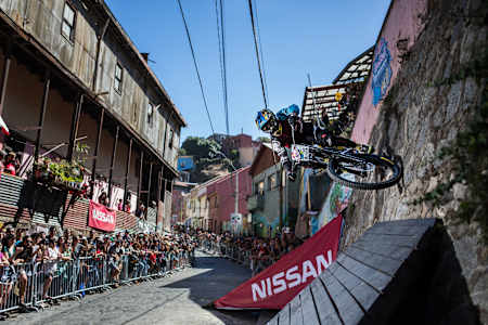 Matias Nunes rides a wall during the 2018 edition of Red Bull Valparaiso Cerro Abajo in Valparaiso, Chile.