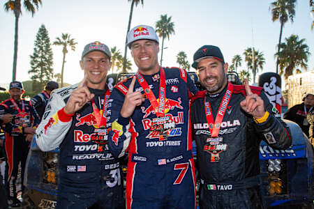 Andy McMillin, Bryce Menzies &  Tavo Vildosola after their Baja 1000 win