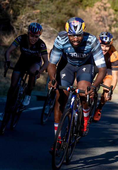 Justin Williams rides with Kate Courtney and Payson McElveen