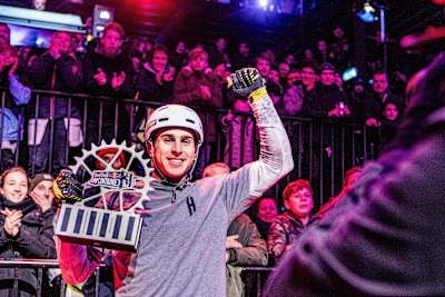 Jake Leiva celebrating winning Rider of the Day at Red Bull Uncontained in Nijmegen, The Netherlands on November 30, 2019.