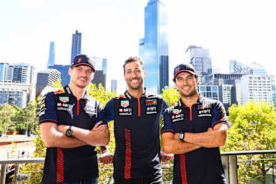 Max Verstappen, Daniel Ricciardo and Sergio Pérez of Oracle Red Bull Racing at the 2023 Australian Grand Prix.