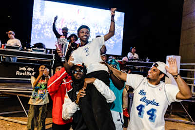 Humuza Bazira celebrates at the Red Bull Dance Your Style Canada Finals in Toronto, Canada on August 26, 2022.  