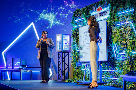 Rimjhim Sudhesh and Mariam Mohammed of team EcoMold present their idea during the Red Bull Basement National Final at the MIT Media Lab in Cambridge, Massachusetts, USA on November 16, 2024.