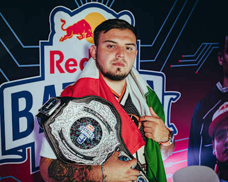 Mexican freestyler Rapder poses with the title belt after winning Red Bull Batalla de los Gallos 2020 in the Dominican Republic on December 12, 2020.