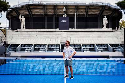 Sandy Farquharson is seen courtside at the Premier Padel Tour Italy Major tournament in Rome, Italy.