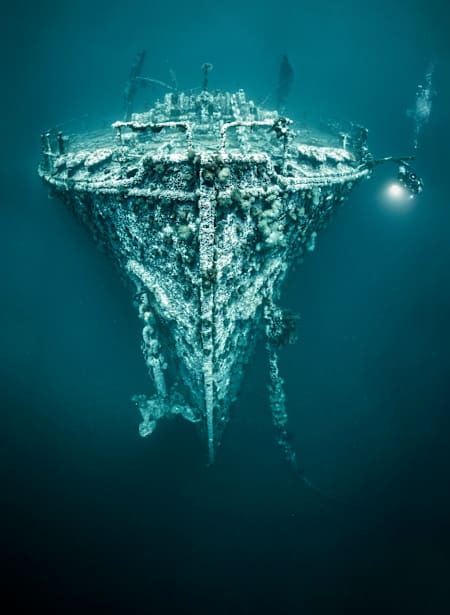 Renowned cave diver Jill Heinerth pictured exploring a French ship that was sunk by a German U-boat off Bell Island, Newfoundland, in November 1942.