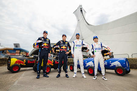 Max Verstappen, Sergio Pérez, Daniel Riccardo and Yuki Tsunoda pose for a portrait at F1 Soapbox Race in Montreal, Canada on June 5, 2024 