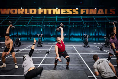 Luka Đukić lifts a dumbbell during the World Fitness Project Finals 2025 in Copenagen, Denmark.