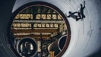 Danny Leon does a fakie thruster in a wind turbine at a warehouse in Avilés.