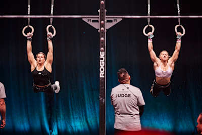 Laura Horvath (L) and Aimee Cringle (R) competing on the rings during the World Fitness Project Finals 2025 in Copenagen, Denmark.