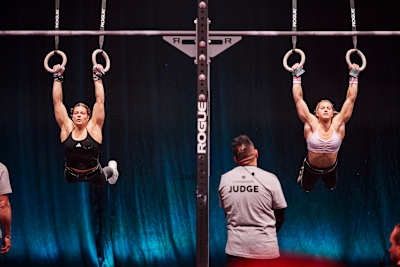 Laura Horvath (L) and Aimee Cringle (R) competing on the rings during the World Fitness Project Finals 2025 in Copenagen, Denmark.