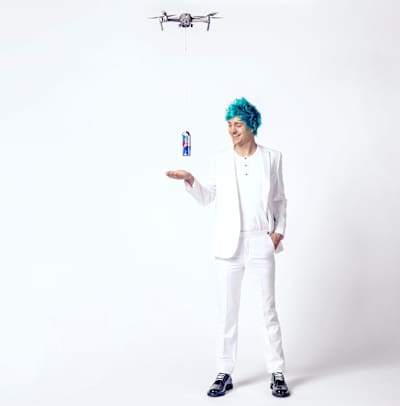 Blevins’ shoot was interrupted by a drone delivering an early sample of the Ninja Red Bull can.