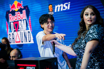 TenZ points at Ludwig before a match at Red Bull Home Ground World Final in New York.