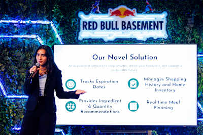 An innovator presents her product at Red Bull Basement 2024 at MIT.