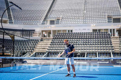 Sandy Farquharson, commentator for the Premier Padel Tour, pictured on court at the Italy Major in Rome.