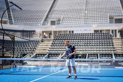 Sandy Farquharson, commentator for the Premier Padel Tour, pictured on court at the Italy Major in Rome.