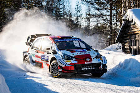 Kalle Rovanperä (FIN) and Jonne Halttunen (FIN) of team Toyota Gazoo Racing WRT are seen racing during the World Rally Championship Finland in Rovaniemi, Finland on February 27, 2021.