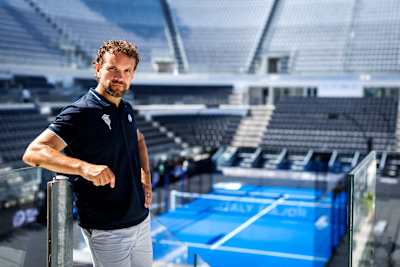 Sandy Farquharson appears courtside while covering the Premier Padel Tour Italy Major in Rome.