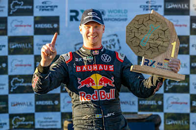 Five-time World Rallycross Champion Johan Kristoffersson celebrates his eighth win of the season.