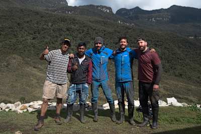 Alex Torres (far left), Luis Silva (left), Thomas Palmer (centre), Timothée Callec (Right), Tom Laffay, Director of photography (far right) back at Luis’s house after the expedition
