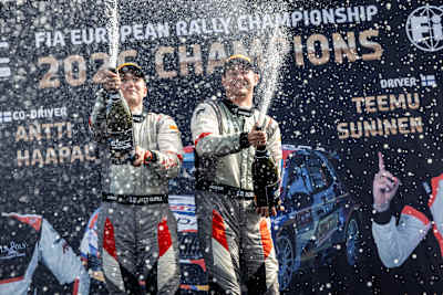 Teemu Suninen and Antti Haapale celebrate their maiden ERC title