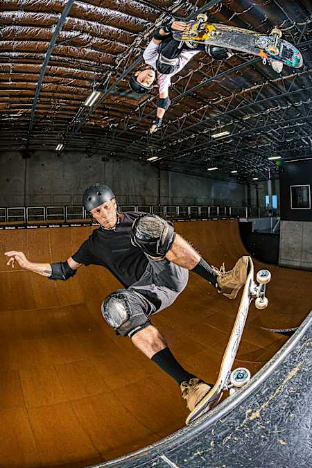 Hawk, shown here with teammate Reese Nelson, skated and filmed a part with his Birdhouse crew for Red Bull No Rewind, which will be out early in 2025.