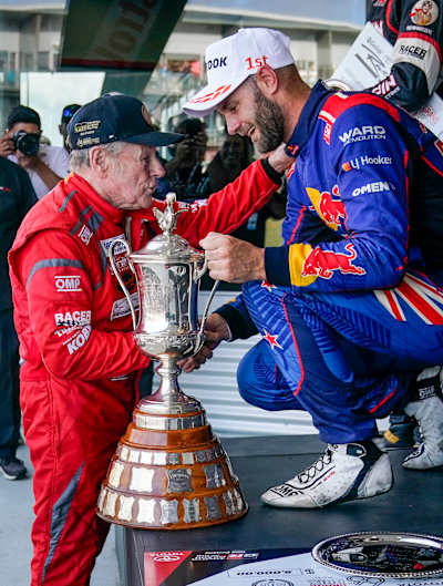 Ken Smith congratulates Shane van Gisbergen on historic NZGP win
