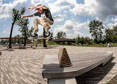 Skater Joe Buffalo pictured during filming of TJ Rogers's new film Steady Pushing.