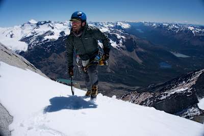 Jim Reynolds approaches the summit of Aguja Guillamet in El Chalten, Argentine Patagonia.