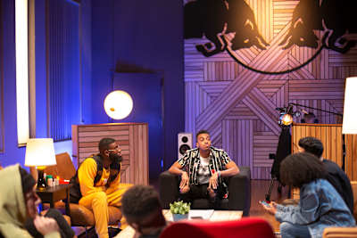A photo of OG Parker hanging out with participants in The Cut: US at Red Bull Studios in Los Angeles.