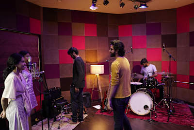 Musicians perform in the recording booth of Compass Box Studio in Ahmedabad.