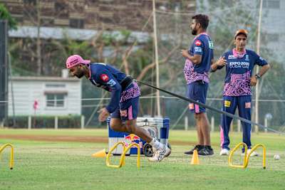 Rahul Tewatia performs banded run drills during a Rajasthan Royals training session
