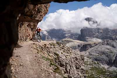Tom Oehler rides a trail route around Canazei, Italy, on August 27, 2020.