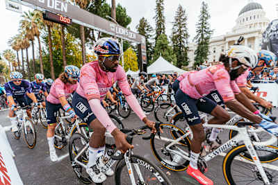 Justin Williams and his L39ION of Los Angeles cycling team roll out to begin the Into the Lion's Den criterium race in Tulsa.