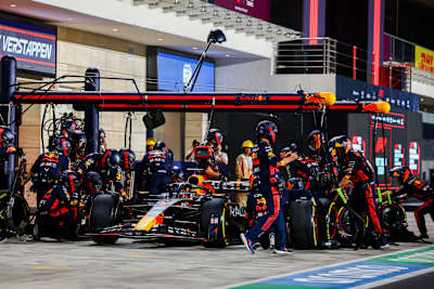 Max Verstappen makes a pitstop during the 2023 F1 Grand Prix of Qatar 