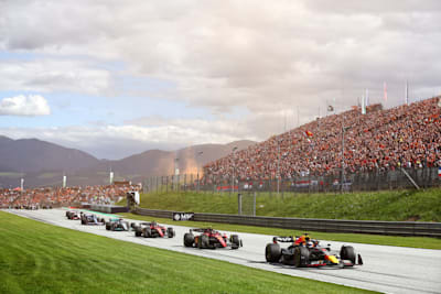 Max Verstappen of the Netherlands leading on lap one of the F1 Grand Prix of Austria Sprint at Red Bull Ring on July 09, 2022 in Spielberg, Austria. 